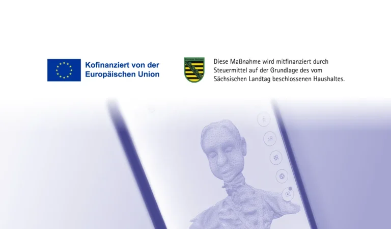 EU and Saxony funding announcement with a 3D model graphic, highlighting support for a specific initiative.